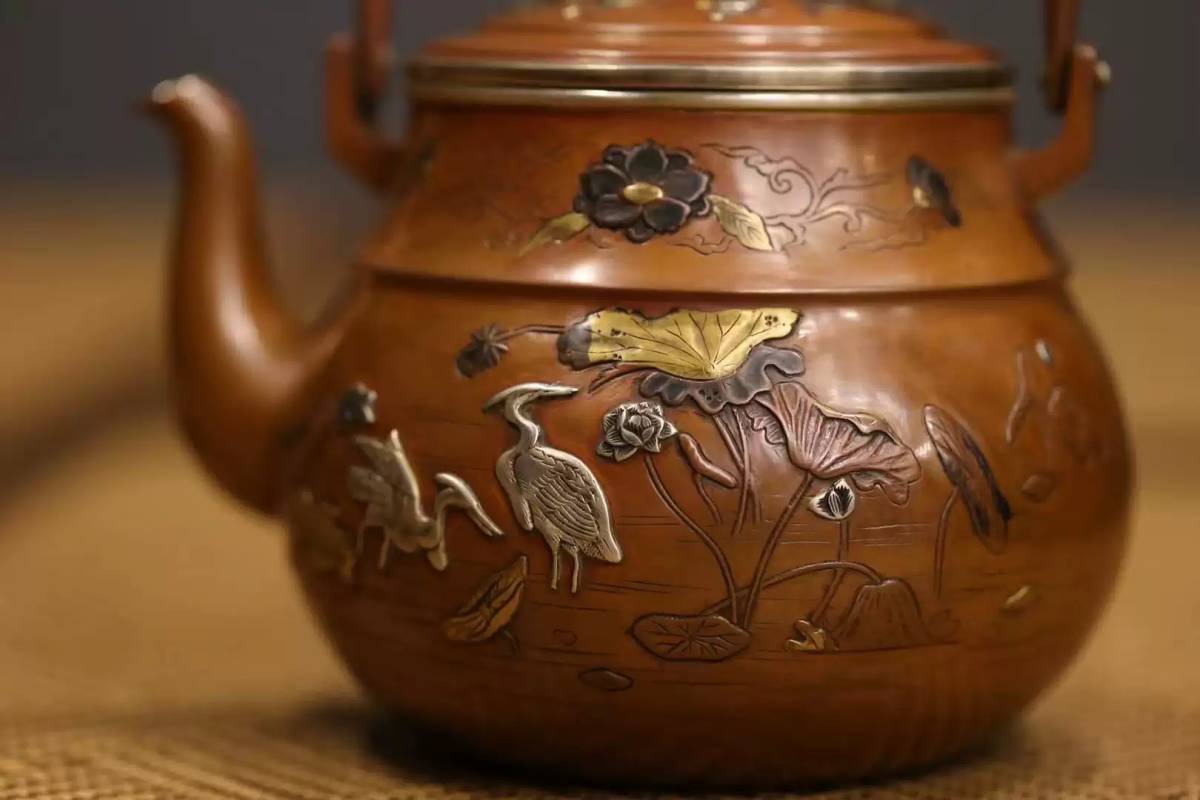 古銀 茶壺 宗美 造 銅包銀浮彫塗金花鳥紋提梁壷 銀瓶 銅瓶 煎茶 湯沸 