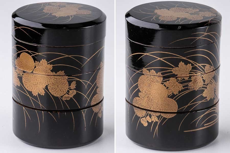 茶道具】『 黒漆牡丹蒔絵重香合 銀葉 箱付 14399 』三段重 茶道