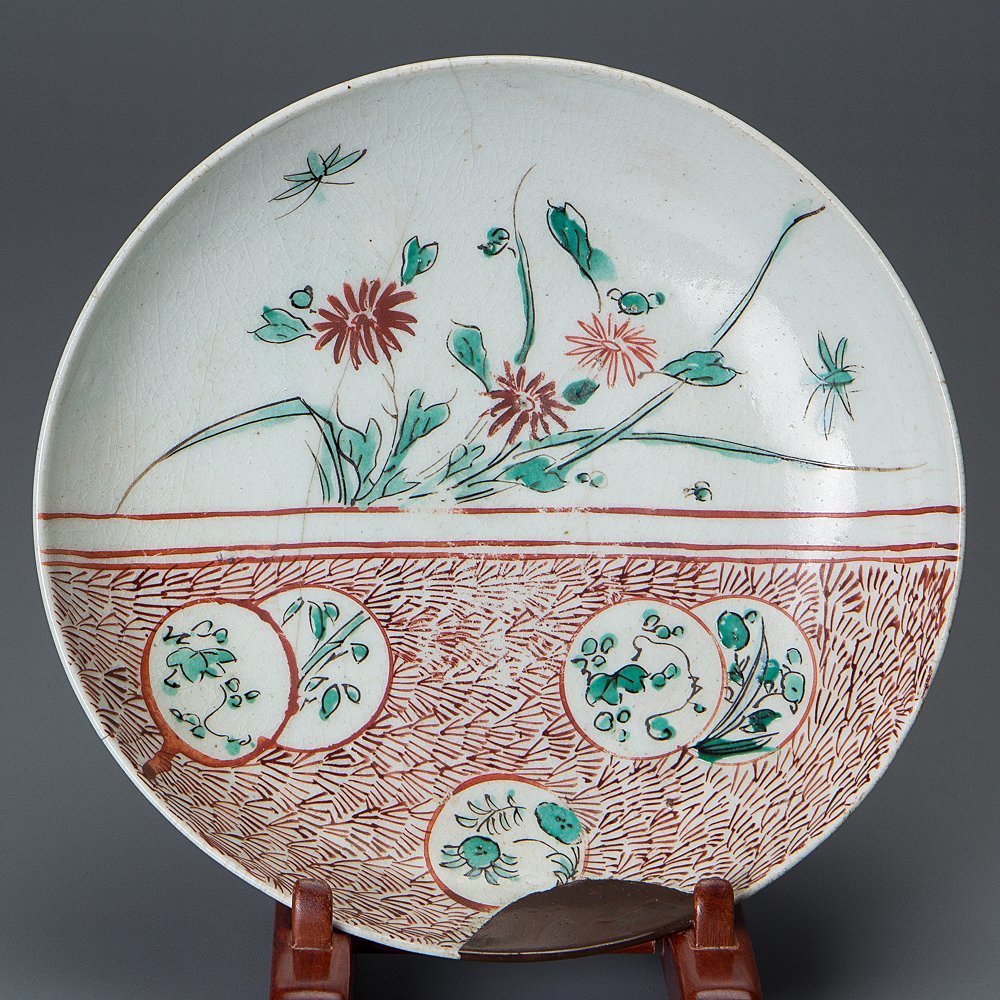 堂 古伊万里 色絵 花蝶文 【五】古九谷色絵花蝶文皿 江戸