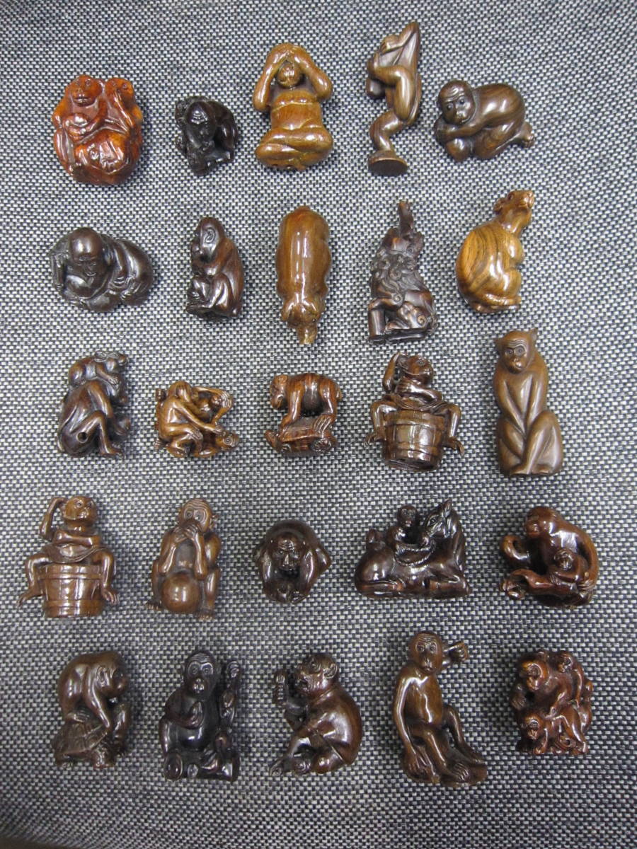 根付 木製 猿 豚 布袋様 ねずみ 他 大量25点 時代物？ 詳細不明(根付