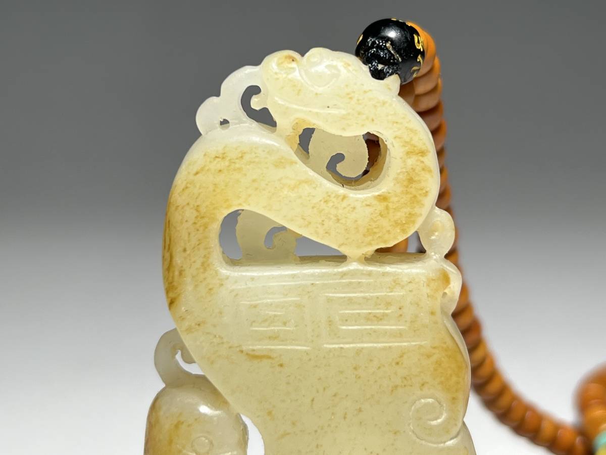 芸中国骨董品 和田玉彫〈 蒼龍教子 擺件〉 極美 文房賞物 古