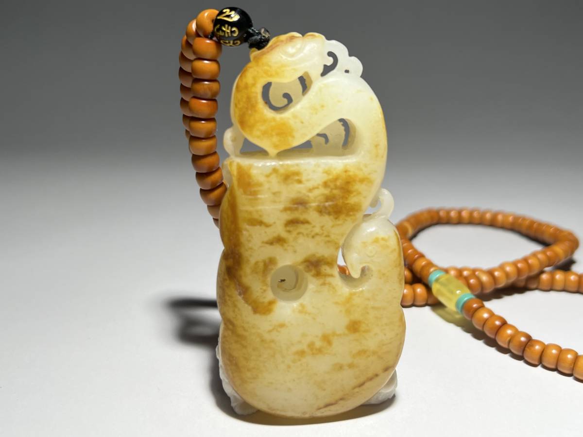 芸中国骨董品 和田玉彫〈 蒼龍教子 擺件〉 極美 文房賞物 古