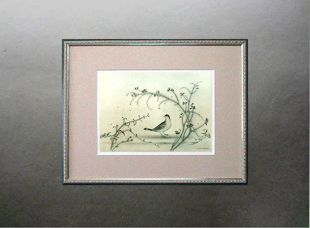 長谷川潔 長谷川 潔 野辺小禽 銅版画 1957年作 コロタイプ摺 「真作