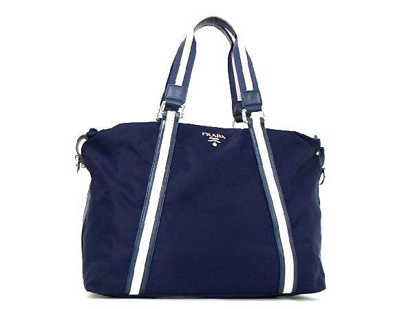 1円 PRADA プラダ テスートナイロン×レザー ハンドバッグ トート ショルダーバッグ 肩掛け 手提げ ネイビー系×ホワイト系 BC2767ヒh
