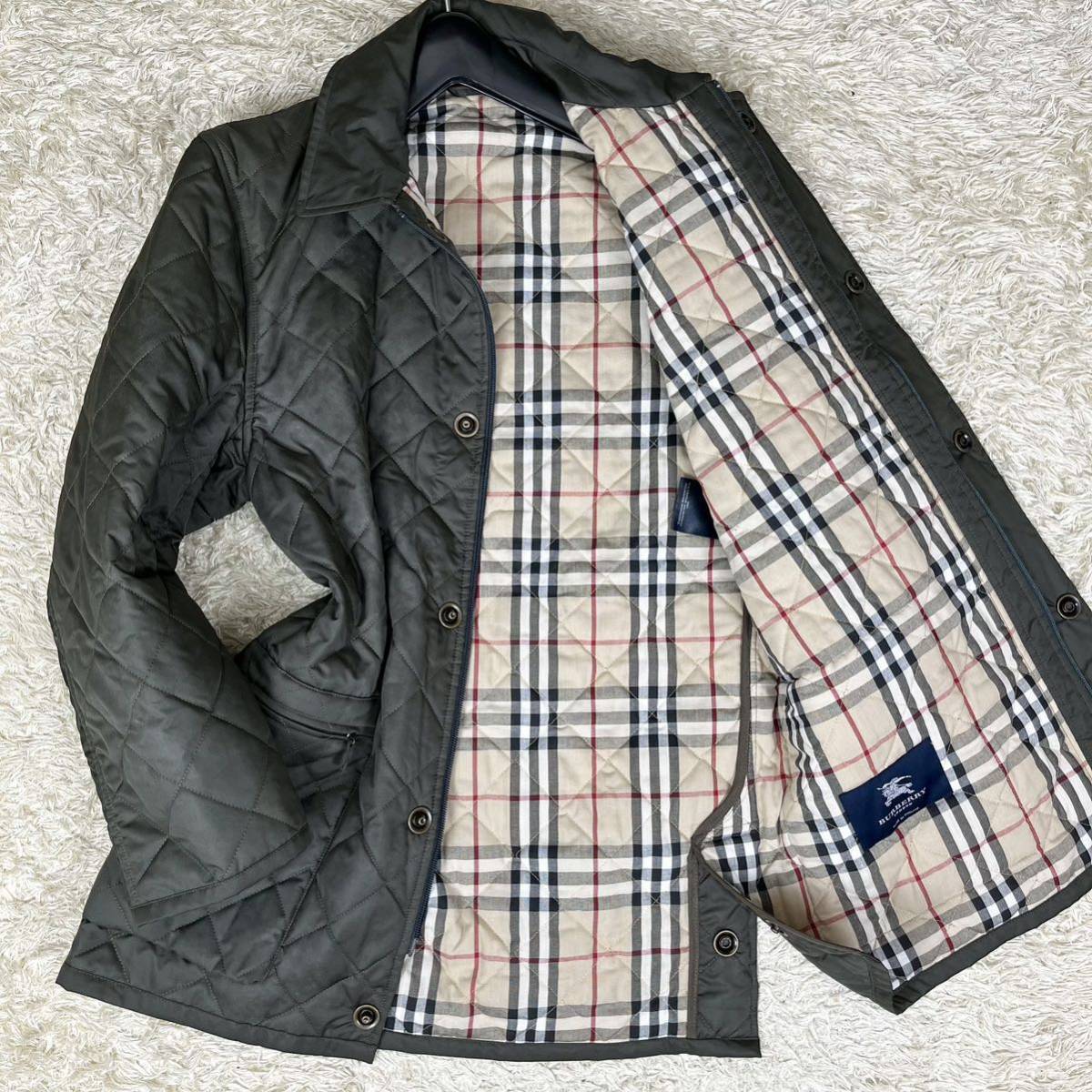 バーバリーロンドン 英国製 キルティング ジャケット カーキ Lサイズ相当 裏地 ノバチェック 総柄 BURBERRY LONDON グリーン メンズ コート