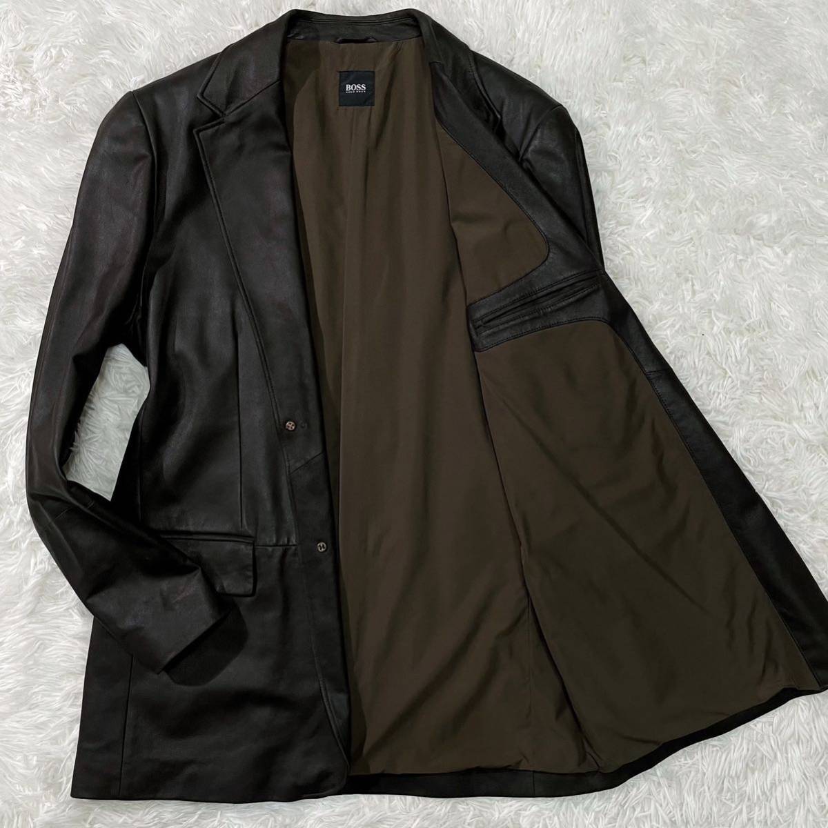 特大 52 XXL【HUGO BOSS】レザージャケット 大きいサイズ ヒューゴボス 滑らか テーラード カーフスキン 本革 ダークブラウン 黒タグ