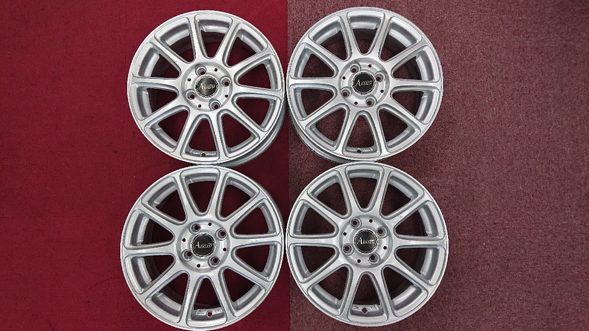 送料無料【ARREEST】☆5.5J×15インチ +45 PCD100-4穴☆4本[中古アルミ]シルバー、スポークl☆彡タイヤ&ホイール招きモアイ像　千曲店