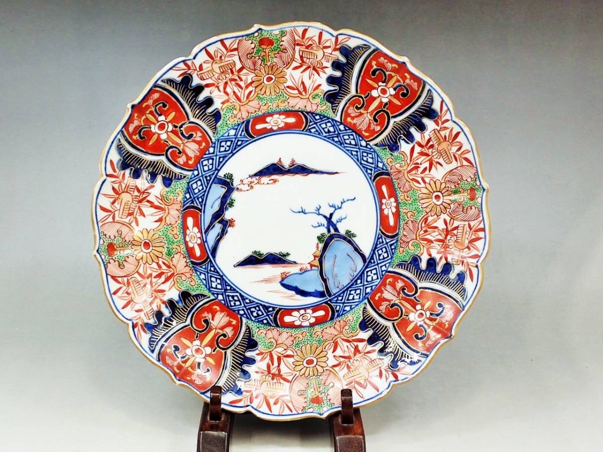 大聖寺伊万里 色絵 金彩 大明成化年製 金襴手 皿/菊文 輪花 飾皿 山水 大聖寺伊万里 色絵 金彩 大明成化年製 金襴手 皿/菊文 輪花 飾皿 山水