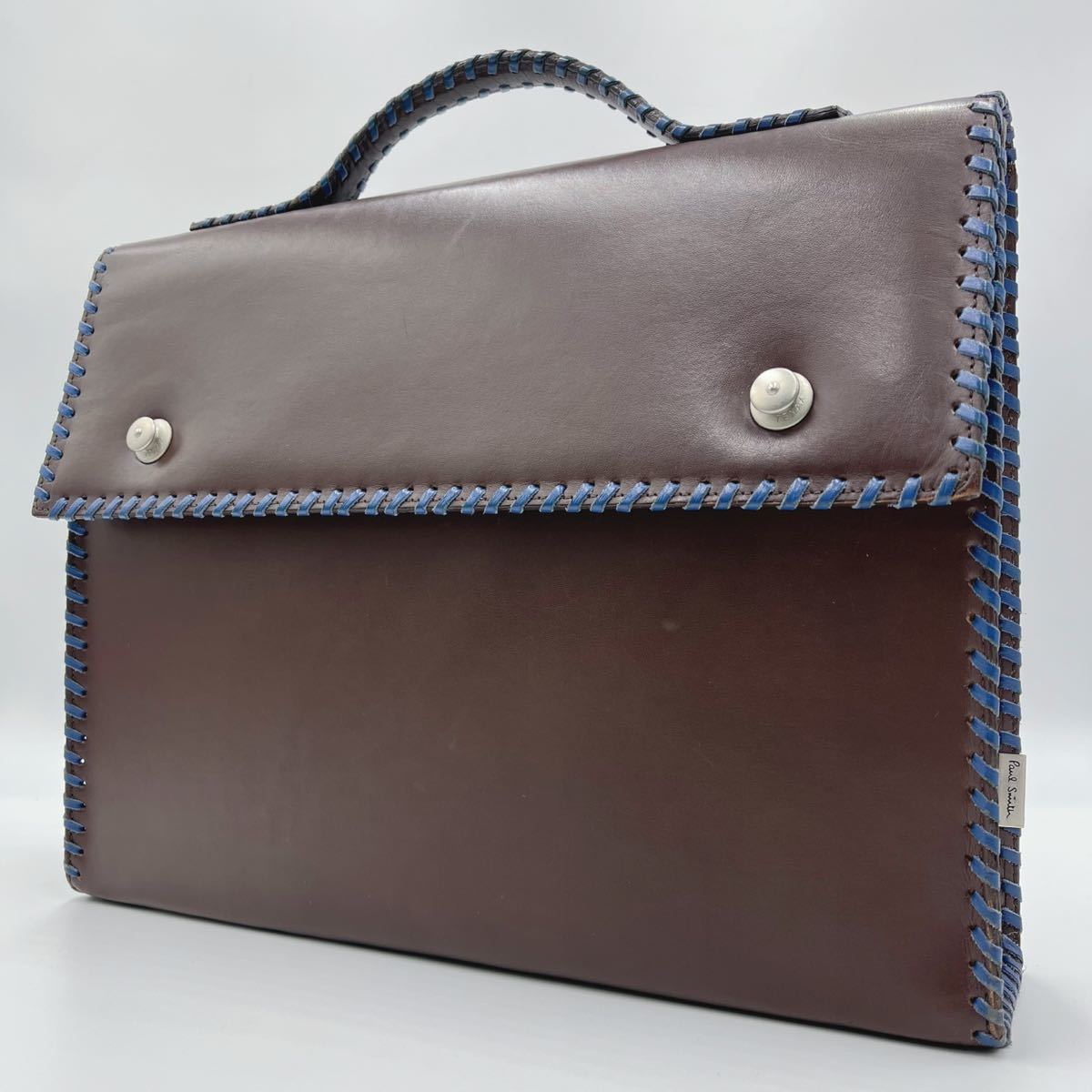 希少 極美品 Paul Smith ポールスミス ビジネスバッグ ブリーフケース 書類かばん 書籍 A4収納 編み込み レザー 革 ブラウン ブルー メンズ