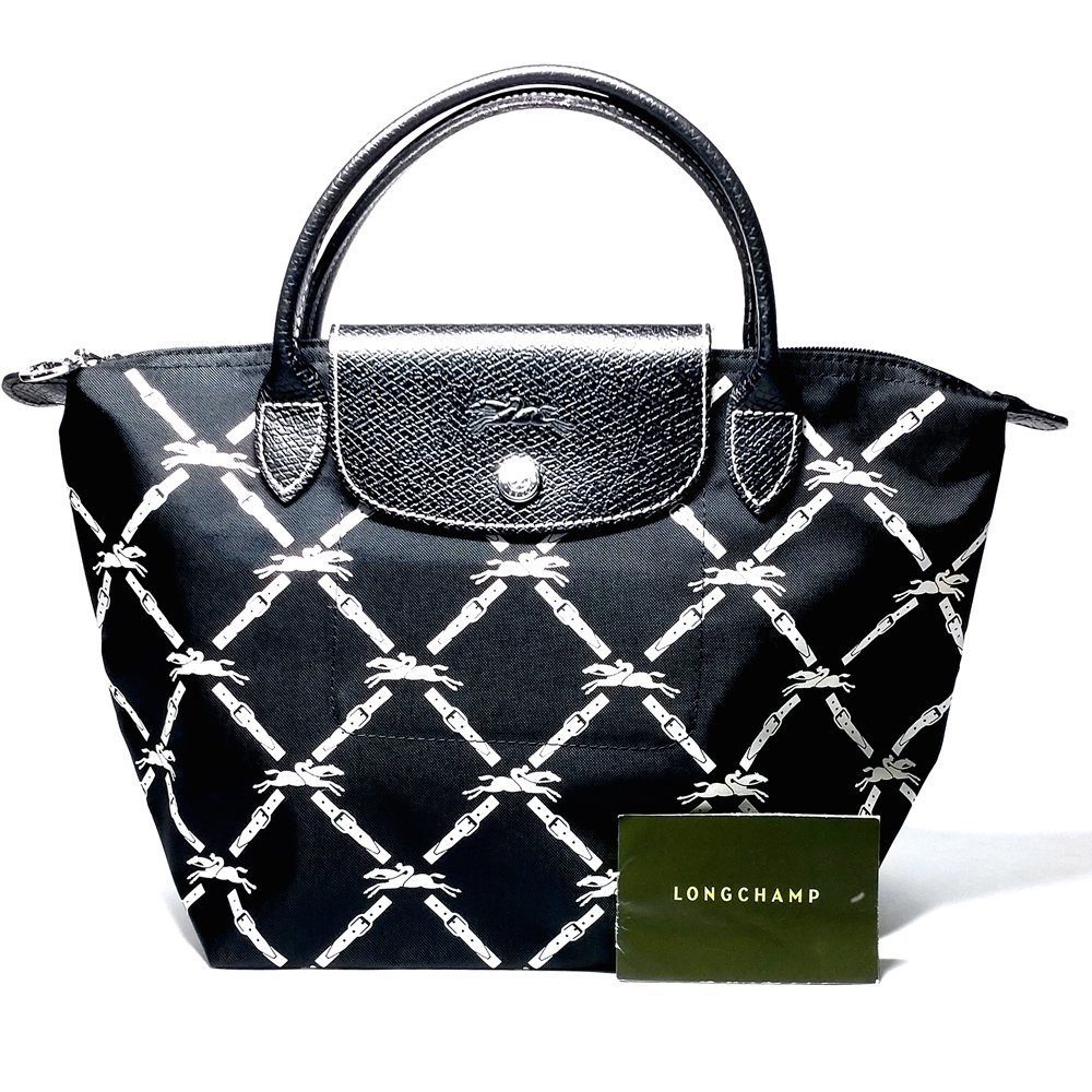 【侍】LONGCHAMP ロンシャン ナイロンキャンバス レザー 白ステッチ 馬柄 ホースモチーフ ハンドバック 20+392