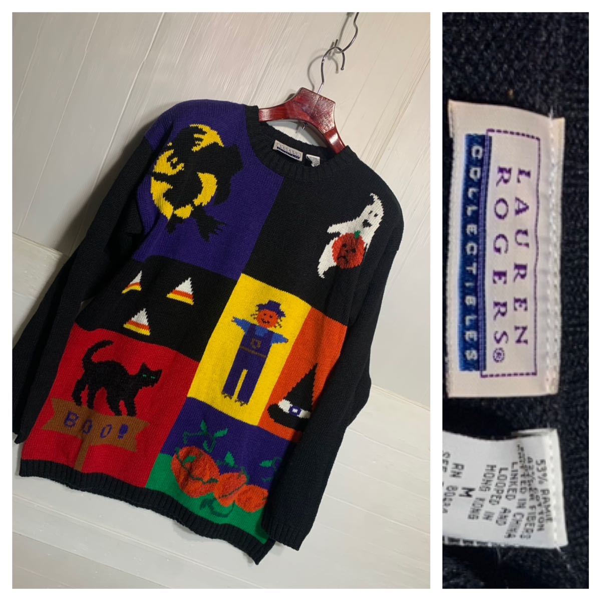 80's ヴィンテージ 未使用タグ付き　LAUREN ROGERS ローレンロジャース 香港製 黒猫　クロネコ キャット ハロウィン ニットセーター 黒 M