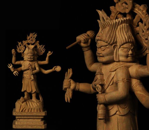 時代仏教美術 木彫 白檀 金剛夜叉明王像 21㎝ 細密造 香木 細密彫[