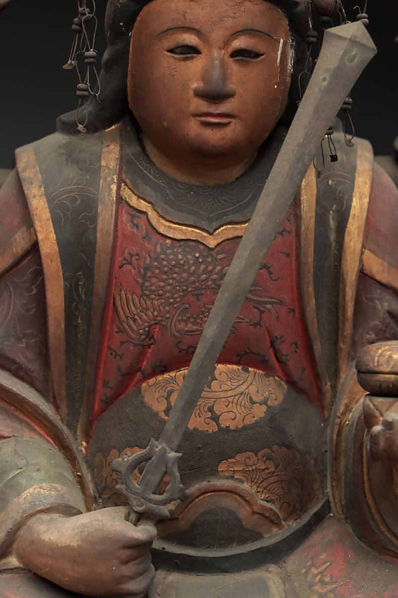 仏教美術 アンティーク オブジェ CT726 時代 仏教美術 玉眼 彩色 木造八臂弁財天坐像 全高32.2cm/仏高