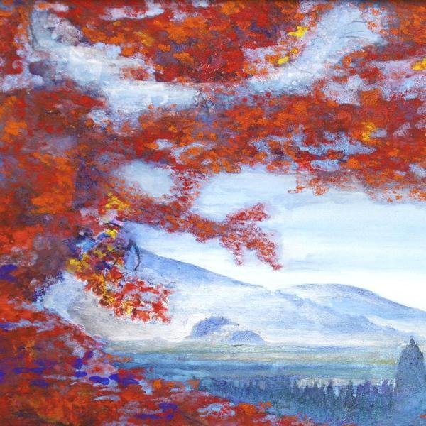 真作】【WISH】沢野進次 日本画 10号 金落款 ◇紅葉と山々遠望 〇金沢 