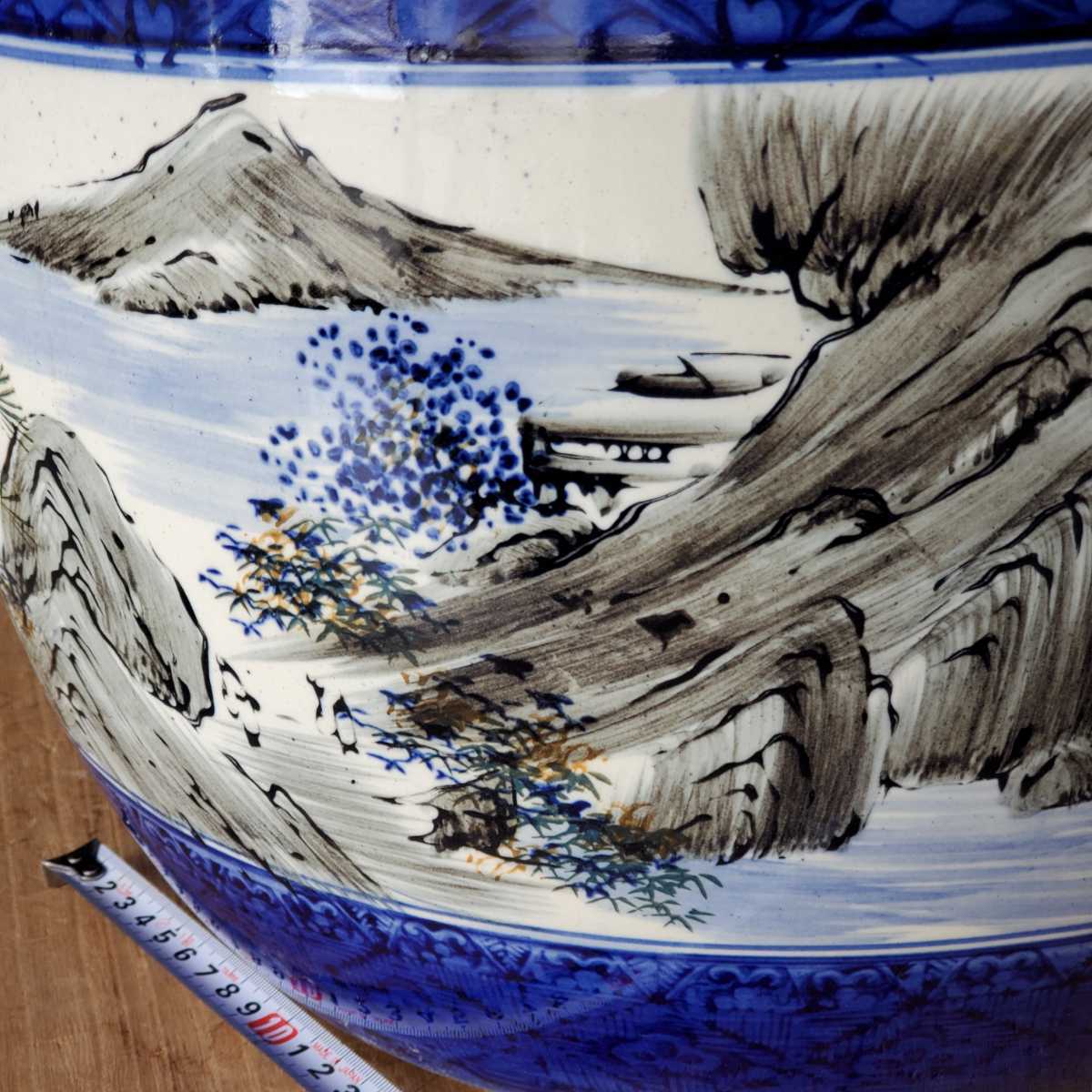 直径40cm 瀬戸火鉢 染付け 山水絵 火鉢 //検索 古民具 自在鉤 鉄瓶