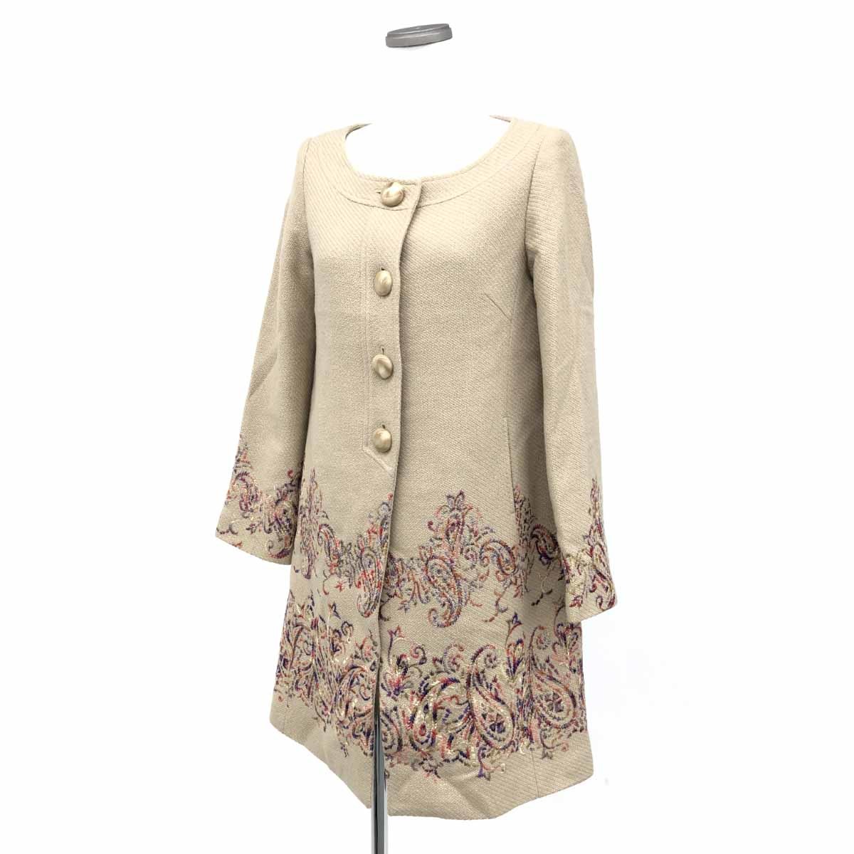 ◆GRACE CONTINENTAL グレースコンチネンタル ノーカラーコート サイズ38◆ ベージュ レディース 刺繍 アウター