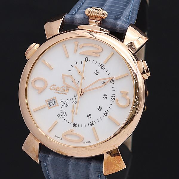 1円 稼働 美品 ガガミラノ マニュアーレクロノ 5098 0263 白文字盤 デイト レザー/ブルー系 QZ メンズ腕時計 NKM 0970200