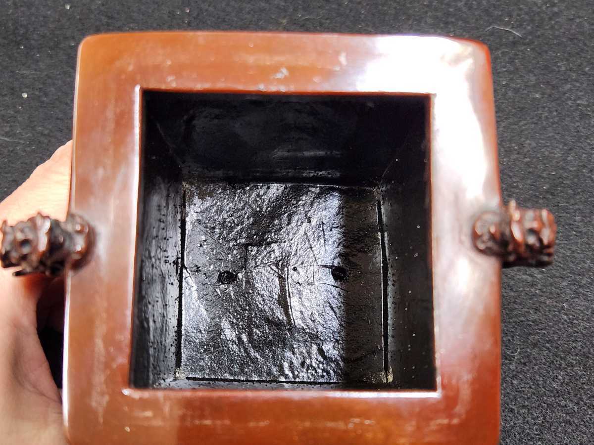 ◇rm◇高岡銅器◇二上元威作◇蝋型鋳銅角型香炉◇龍に鳳凰図◇極美品