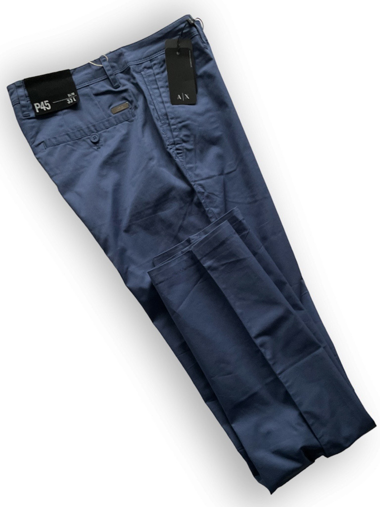 新品【ARMANI EXCHANGE/アルマーニ】▼【美ブルー】バックにメタルロゴ▼定番の伸縮ストレッチチノ夏サマーパンツ▼M