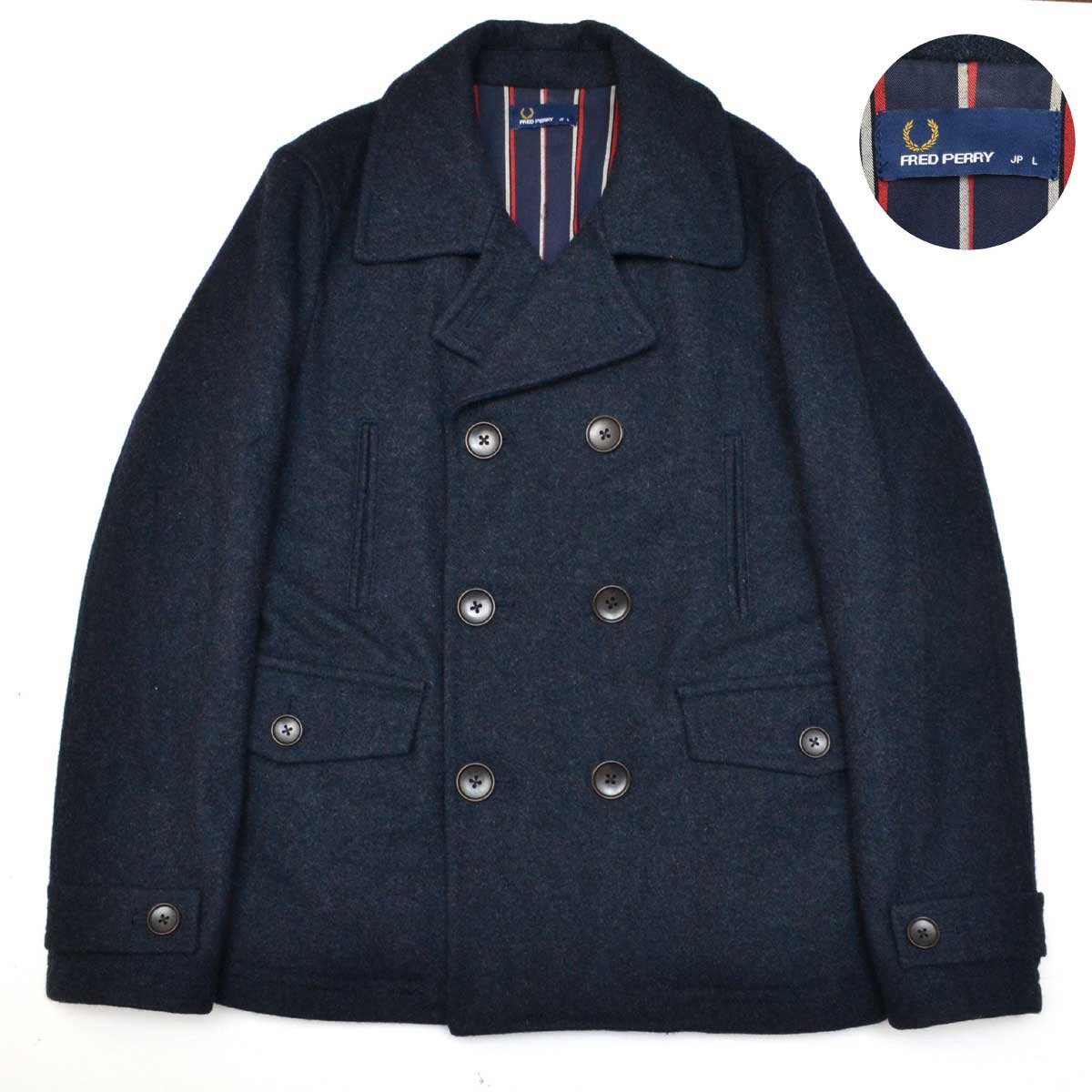 FRED PERRY ネイビー ピーコート Lサイズウール80 フレッドペリー FRED