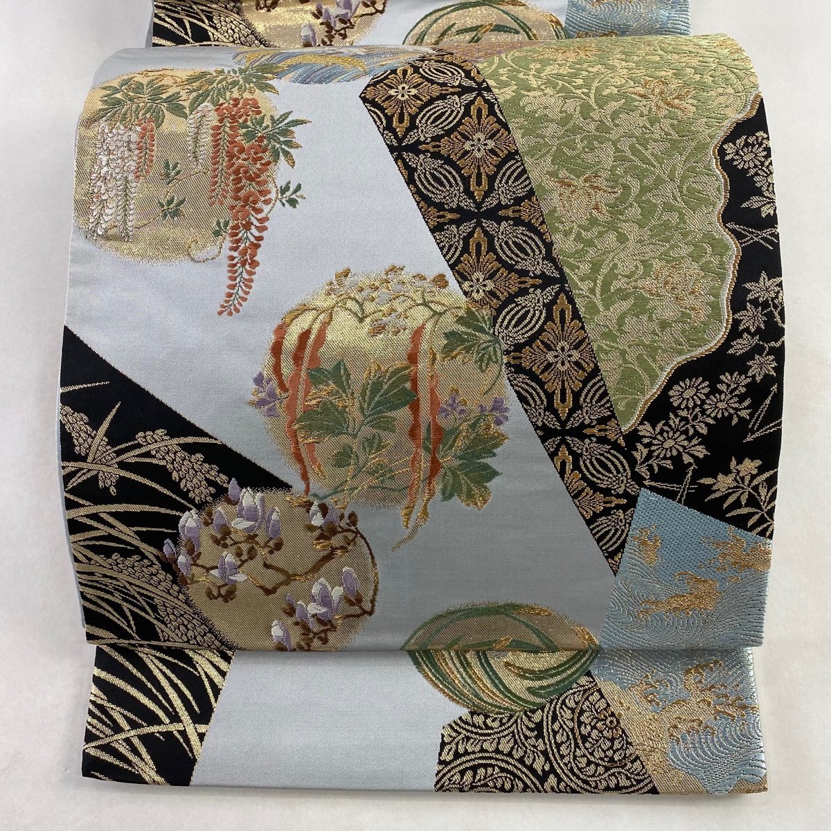 袋帯 秀品 箔 六通 正絹 美品 中古 金銀糸 花丸文 華文 青