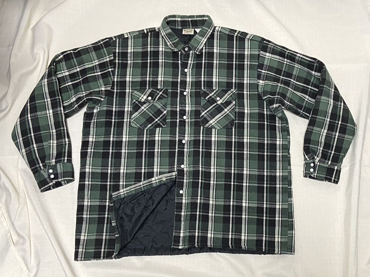 2XL 90sビンテージ FIVE BROTHER キルティング ライナー 中綿 黒 緑 白 チェック ヘビー ネルシャツ USA製 ファイブブラザー ブラック 古着