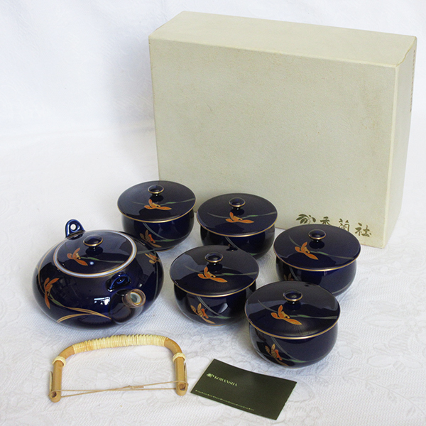 未使用！■香蘭社 茶器揃 5客 急須 蓋付き 湯呑 瑠璃色 金彩 和食器 お茶 セット