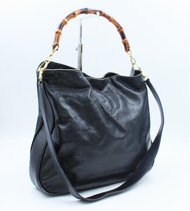 行董】グッチ GUCCI バンブー 2WAY ハンドバッグ ショルダー レザー 黒