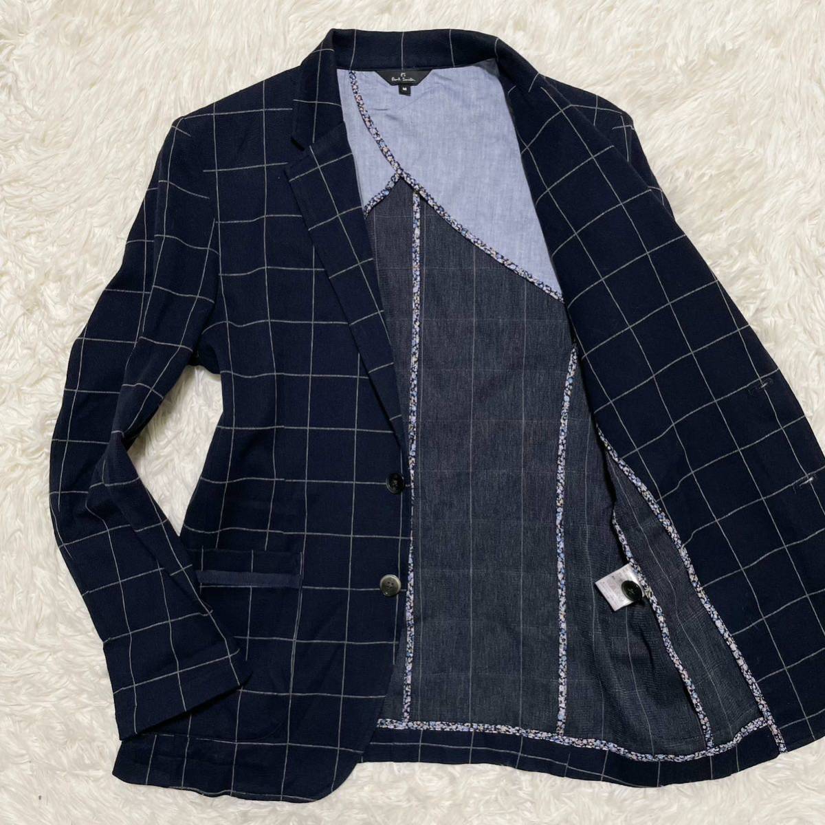 美品!!ポールスミス『英国紳士の嗜み』PS Paul Smith テーラードジャケット M ウィンドウペンチェック 花柄パイピング 春夏◎ コットン100