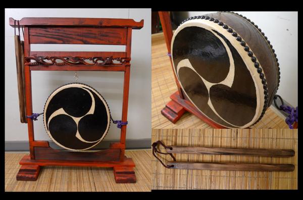 緑屋*亀■和楽器*平胴太鼓*釣太鼓/撥*鳥文台付*高約70cm*0