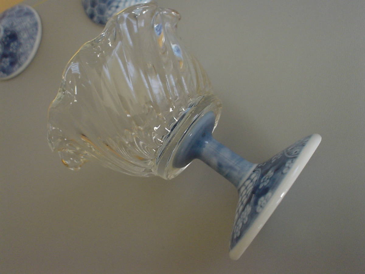 美品♪有田焼 龍峰窯 ♪ 染付 ガラスデザート鉢 高坏♪5客セット♪金彩