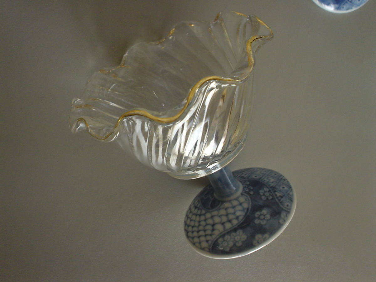 美品♪有田焼 龍峰窯 ♪ 染付 ガラスデザート鉢 高坏♪5客セット♪金彩