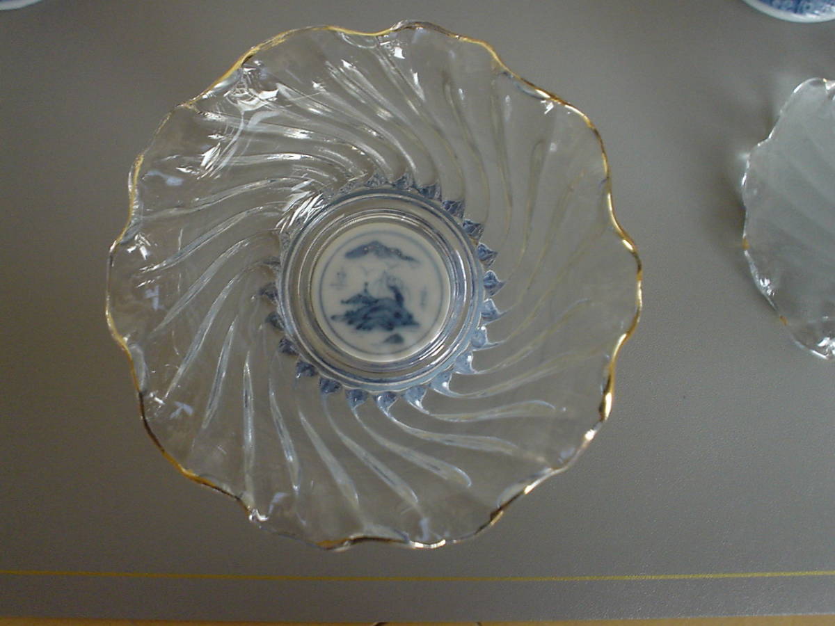 美品♪有田焼 龍峰窯 ♪ 染付 ガラスデザート鉢 高坏♪5客セット♪金彩