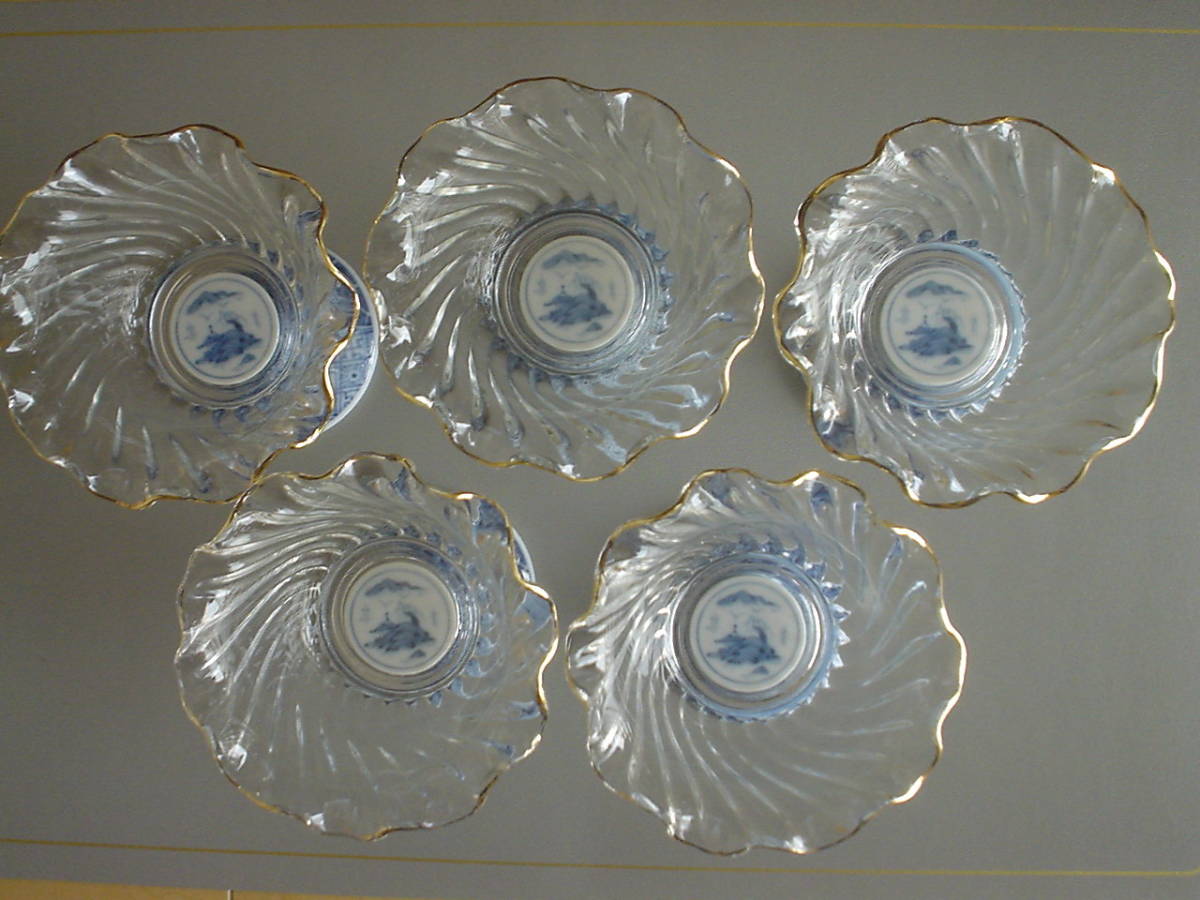 美品♪有田焼 龍峰窯 ♪ 染付 ガラスデザート鉢 高坏♪5客セット♪金彩