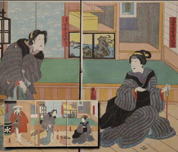 ◇狐◇T300 三代豊国 役者絵 鬼あざみ清吉 三枚続き ヤケ◇版画