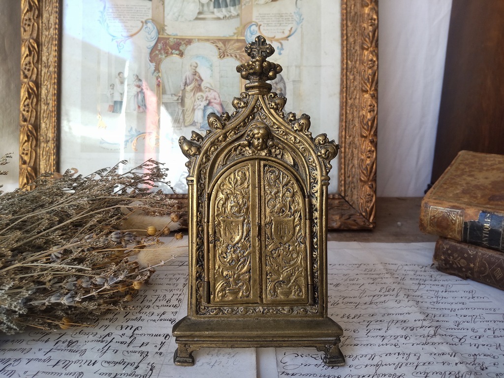 ★フランス アンティーク　装飾つき　青銅　キリストマリア　扉　小　スタンド　★