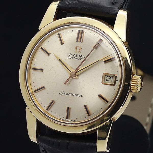 1円 稼働 オメガ AT/自動巻 シーマスター デイト ラウンド ゴールド文字盤 メンズ腕時計 0055500STU-200