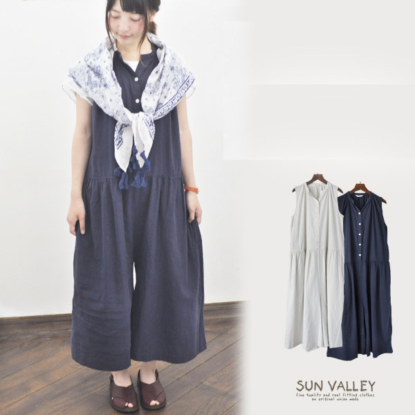 新品 サンバレー 綿麻 サロペット パンツ ネイビー SUN VALLEY