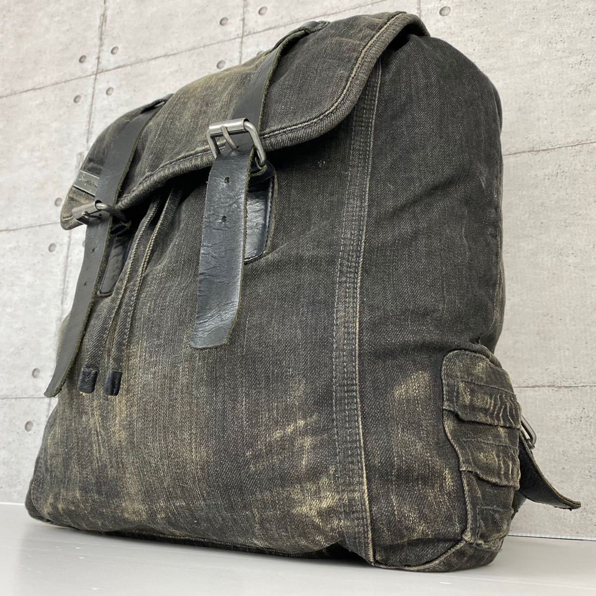 1円 【美品】 DIESEL ディーゼル メンズ ダメージ加工 リュック バックパック デイパック 大容量 ビジネス デニム レザー ブラック 黒