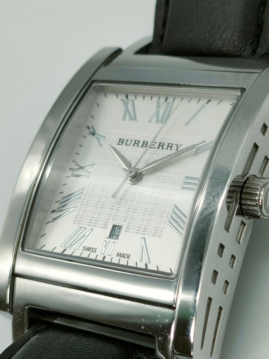 1円〜 BURBERRY バーバリー BU1554 メンズ腕時計 50M/165FEET クォーツ カレンダー デイト 3針 ローマン シルバー系 レザーベルト