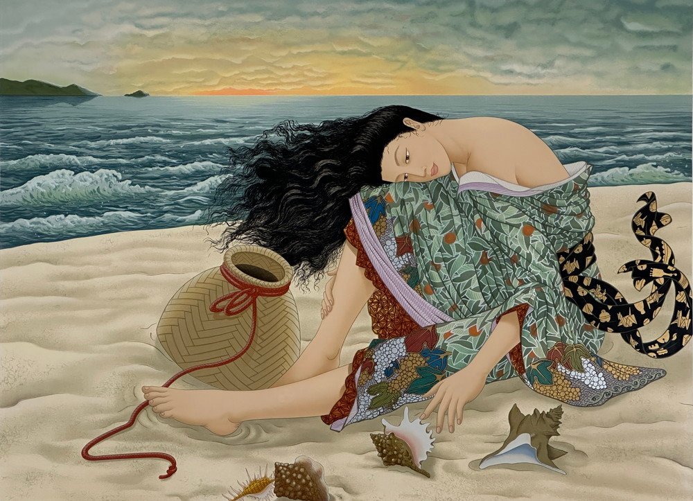 【都屋】 56 工藤村正「WICKER BASKET」画寸法 約92cm×約67.5cm 美人画 人物画 シルクスクリーン