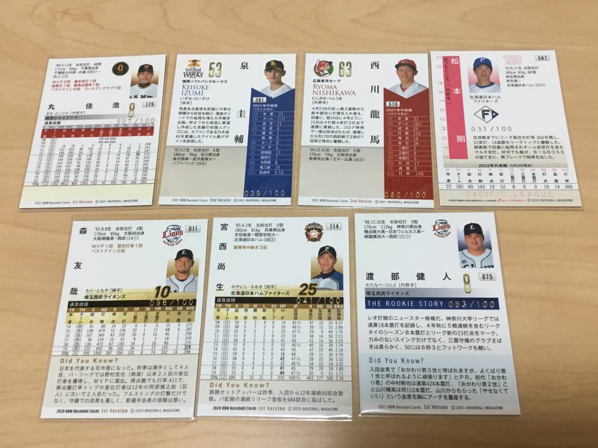 BBM☆金箔サインカード7枚セット☆100枚限定☆森友哉・宮西尚生・渡部 