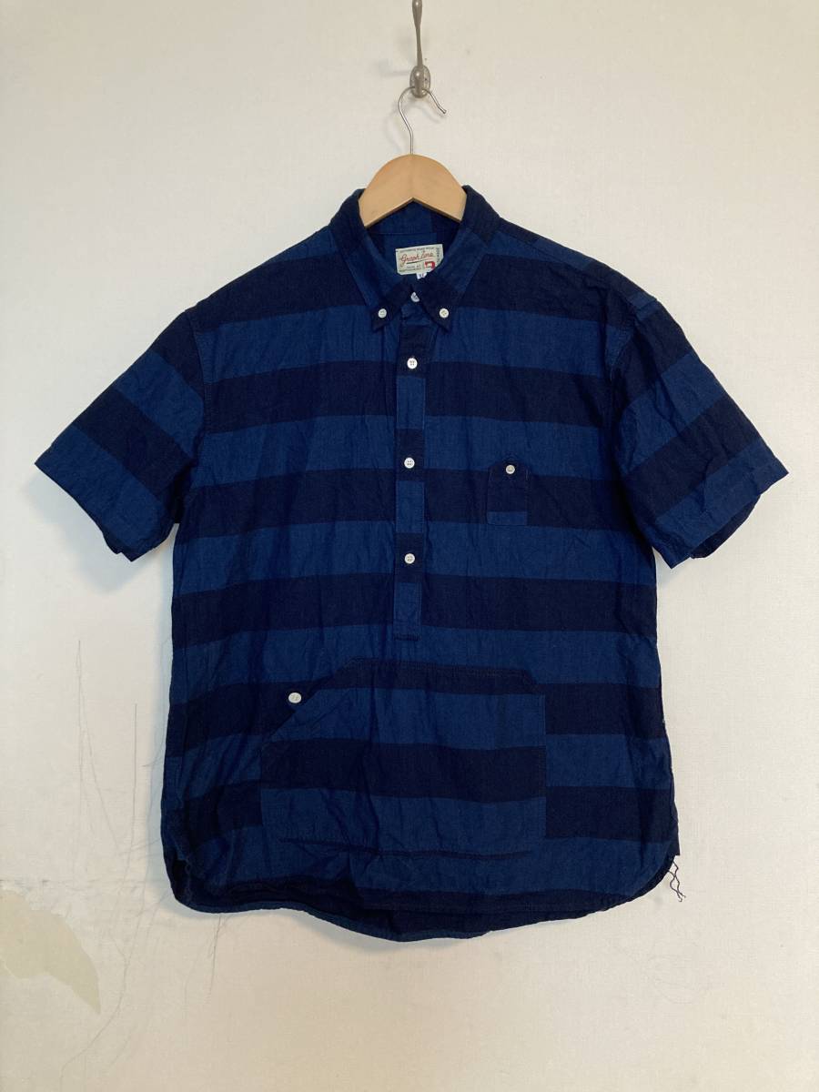★美品 graph zero グラフゼロ インディゴ ボーダー柄 プルオーバー 半袖シャツ XL 児島 日本製 ボタンダウン UNION MADE