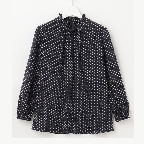 23区【洗える】ジオメトリックパターン フリル ブラウス(紺40・Lサイズ)新品