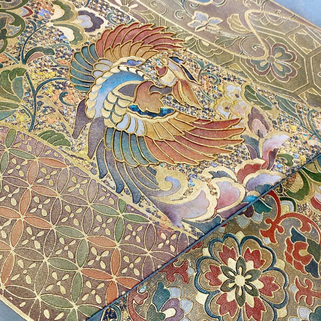 逸品 正絹 袋帯 螺鈿細工 風景 汽車 列車 31cm×447cm 螺鈿細工 正絹 着物月花 金彩 艶やかな華鳳凰文様 袋帯 お太鼓柄