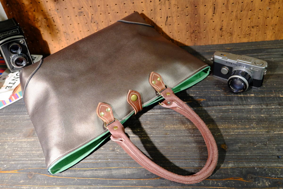 国産◆美しいブロンズシュリンクレザー牛革トートバッグ　Ｌサイズ　作家手作りの一点ものです★本革日本製帆布鞄ハンドメイド