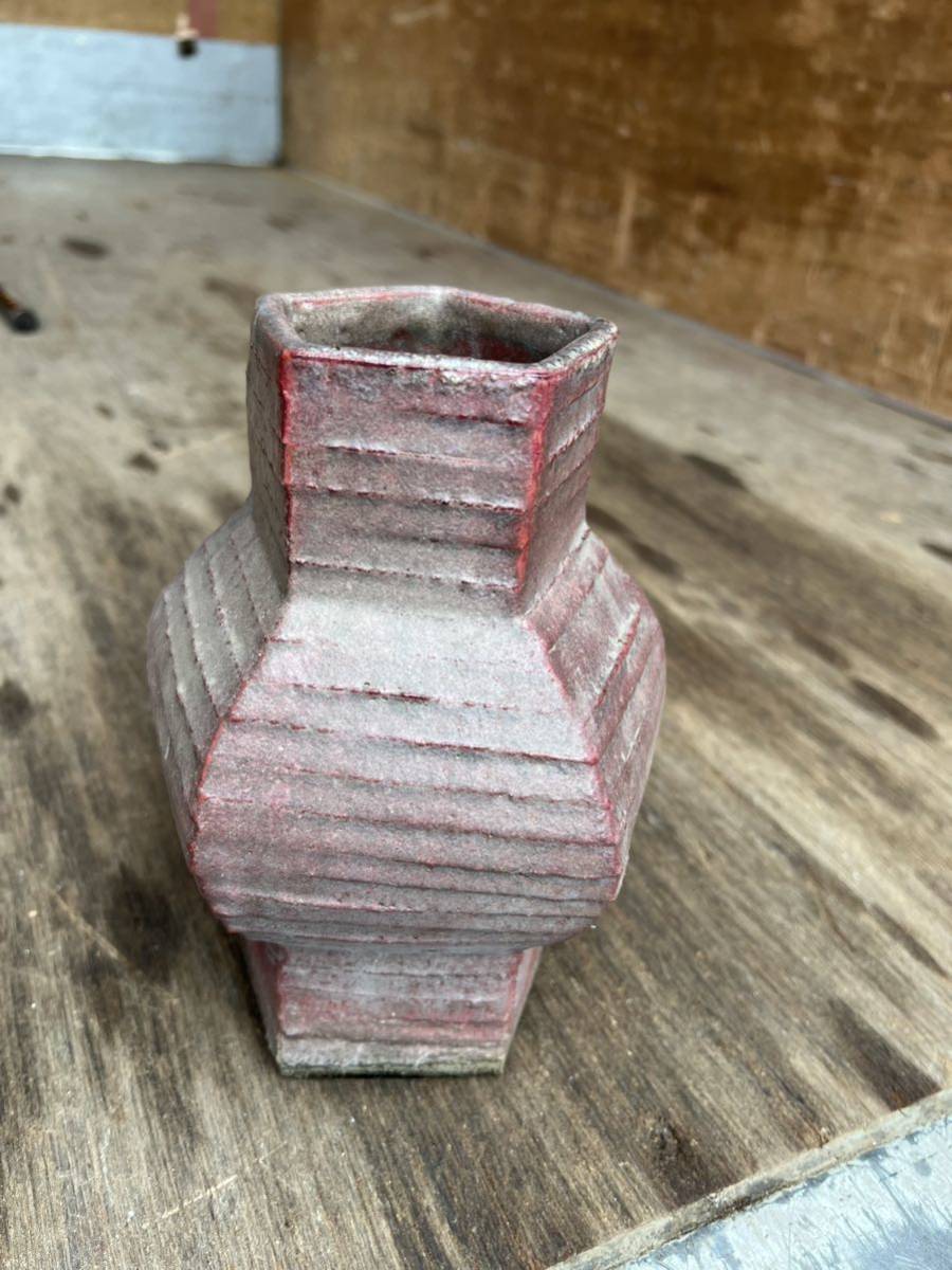 瀬戸浩　益子焼ストライプ赤花瓶　激レア博物館級