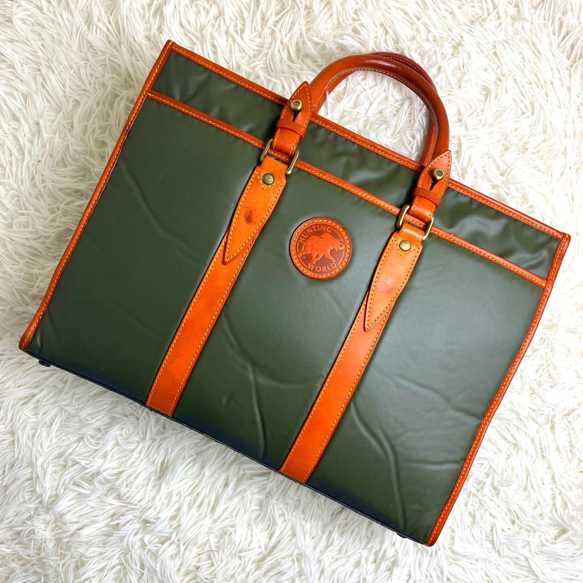 1円 【美品】 HUNTING WORLD ハンティングワールド バチュークロス ハンドバッグ ビジネスバッグ トート レザー カーキ　緑　書類 メンズ