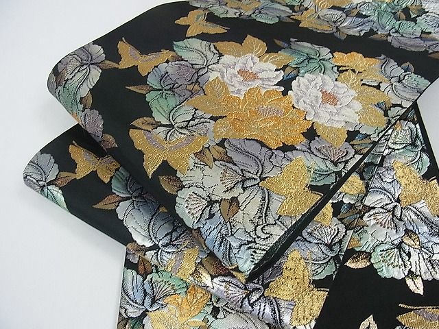 正絹　袋帯　黒地に花唐草　金 花美人□六通柄袋帯 毎朝草花文 黒地 金銀糸 逸品 eee2355 正絹