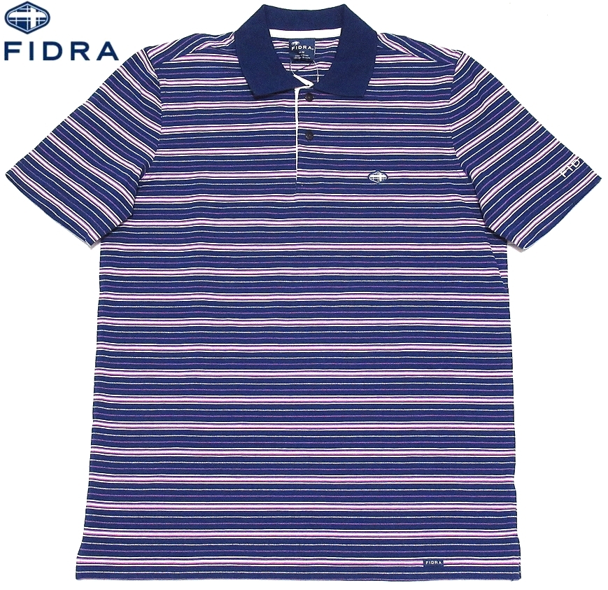 未使用 FIDRA フィドラ ゴルフ マルチボーダー ロゴ刺繍 ストレッチコットン 半袖ポロシャツ ネイビー M メンズ